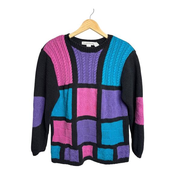 Vintage 80's Amanda Braendel Hand Knit Sweater Geometric Color Block Size Medium - Picture 8 of 10